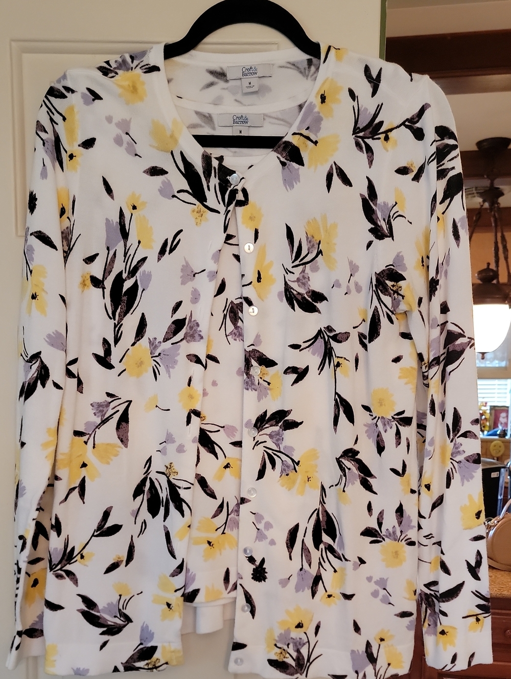 Croft & Barrow 2 PIECE White Floral Button-Front Top/Sweater- Yellow & Lavender
